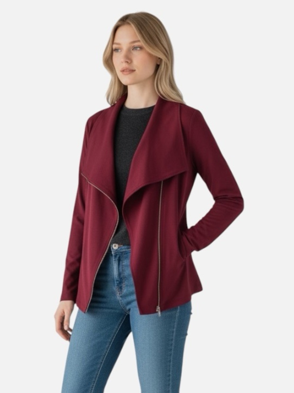 NWT, Andree By Unit, Moto Style Asymmetrical Zip Front Jacket, Burgundy, Size L